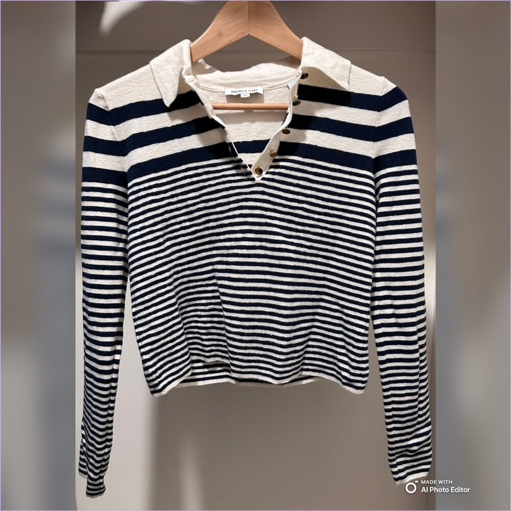 Veronica Beard Raj Striped Polo Top 100% Merino Wool -XS Sweater Top